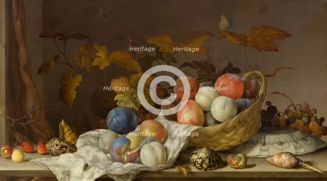 Still life with fruit in a wicker basket, blue and white porcelain plate, vine leaves, various.... Creator: Ast, Balthasar, van der (1593/4-1657).