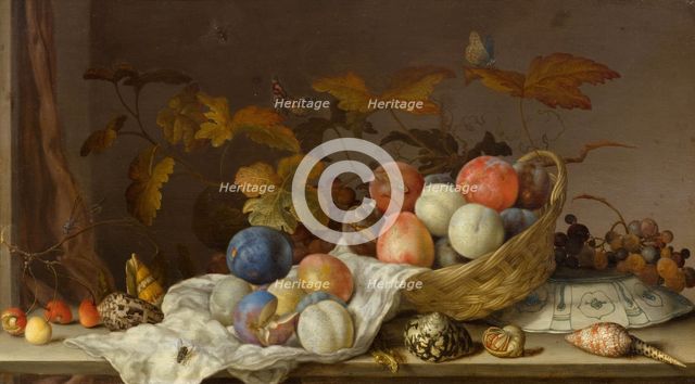 Still life with fruit in a wicker basket, blue and white porcelain plate, vine leaves, various.... Creator: Ast, Balthasar, van der (1593/4-1657).