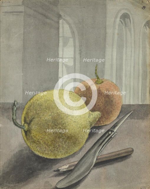 Still life with fruit, knife and pencil., 1779-1785. Creator: Jan Brandes.