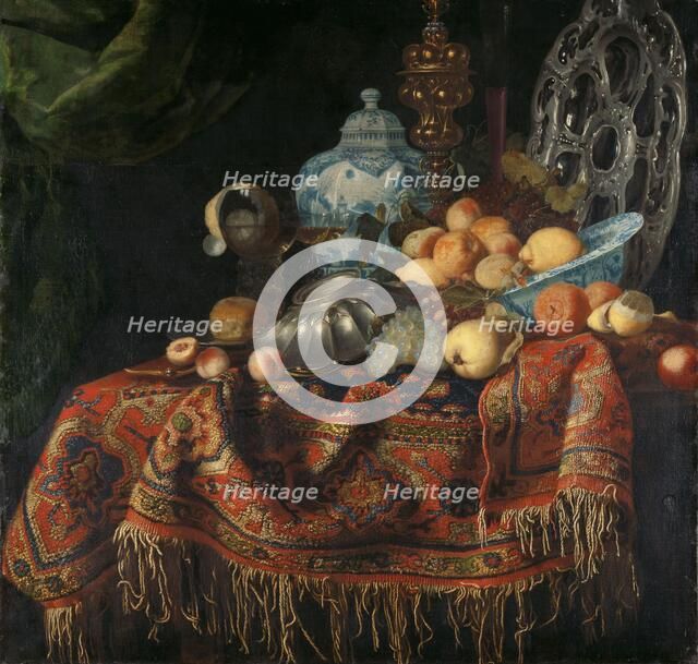 Still Life with Fruit, Plates and Dishes on a Turkish Carpet, 1650-1680. Creator: Simon Luttichuys.