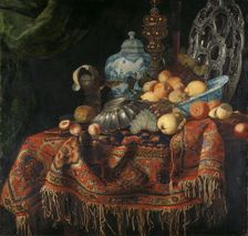 Still Life with Fruit, Plates and Dishes on a Turkish Carpet, 1650-1680. Creator: Simon Luttichuys