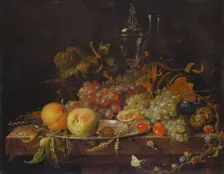Still life with Fruit, Tin Plate and Wine Glasses, c1663-1664. Creator: Abraham Mignon