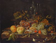 Still life with Fruit, Tin Plate and Wine Glasses, c1663-1664. Creator: Abraham Mignon