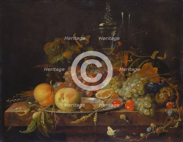 Still life with Fruit, Tin Plate and Wine Glasses, c1663-1664. Creator: Abraham Mignon.