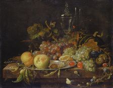 Still life with Fruit, Tin Plate and Wine Glasses, c1663-1664. Creator: Abraham Mignon