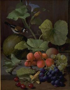 Still Life with Fruits and a Goldfinch, 1855. Creator: Otto Didrik Ottesen