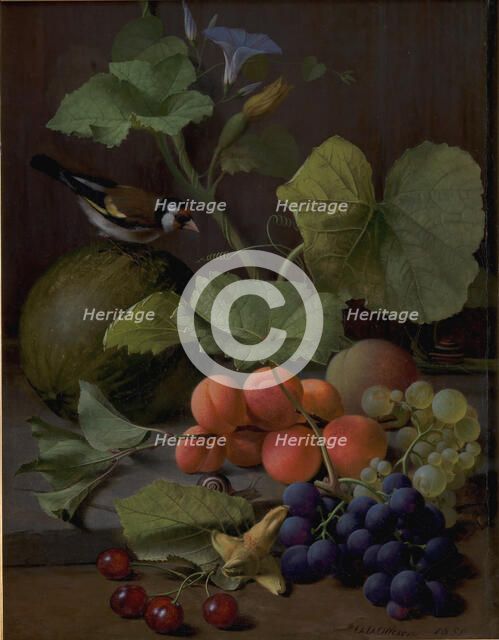 Still Life with Fruits and a Goldfinch, 1855. Creator: Otto Didrik Ottesen.