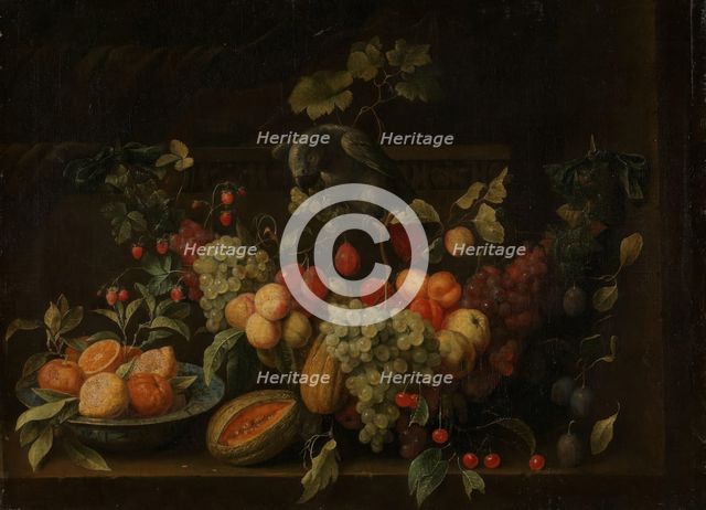 Still Life with Fruits and a Parrot, c1670-1690. Creator: Peeter Gysels.