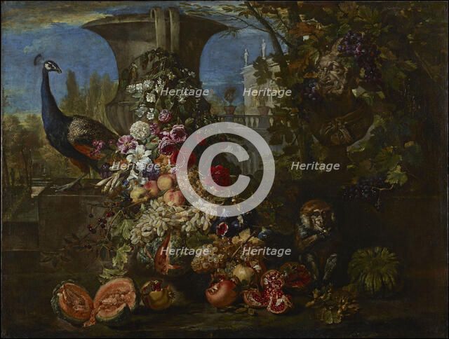 Still life with fruits and flowers in the garden of an Italian villa, Second Half of the 17th cen..