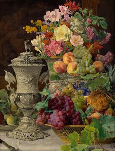 Still life with fruits, flowers and a silver cup, 1839. Creator: Ferdinand Georg Waldmuller