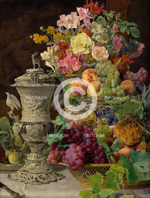 Still life with fruits, flowers and a silver cup, 1839. Creator: Ferdinand Georg Waldmuller.