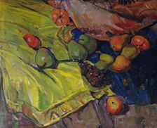 Still life with fruits on a green cloth, 1911. Creator: Anton Faistauer