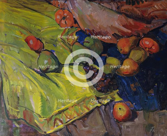 Still life with fruits on a green cloth, 1911. Creator: Anton Faistauer.
