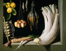 Still Life with Game Fowl,Vegetables and Fruits, 1602. Creator: Juan Sanchez Cotan
