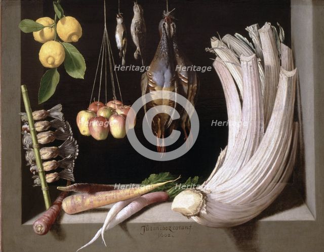  'Still Life with Game, Vegetables and Fruits',  by Juan Sanchez Cotan 1602.