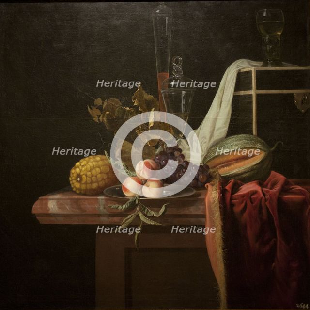 Still life with glass and fruits, ca 1675. Artist: Fromantiou, Henri de (c. 1633/34-after 1693)