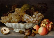 Still life with grapes in a white ceramic bowl, a pomegranate and pears on a..., early 17th cen.. Creator: Galizia; Fede (1578-1630)