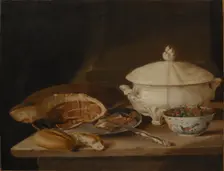 Still Life with Ham on a Pewter Dish, a Faience Set...mid-18th-early 19th century. Creator: Per Hillestrom