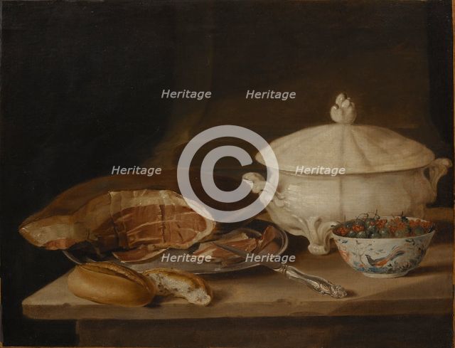 Still Life with Ham on a Pewter Dish, a Faience Set...mid-18th-early 19th century. Creator: Per Hillestrom.