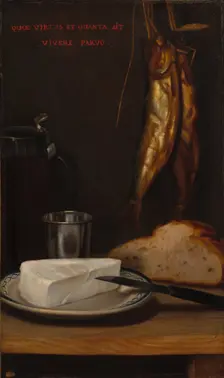 Still Life with Herring, Bread, and Cheese, 1858. Creator: Alexandre-Gabriel Decamps (French, 1803-1860)