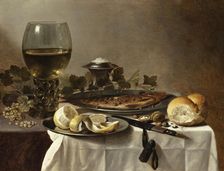 Still Life with Herring, Wine and Bread (image 1 of 2), 1647. Creator: Pieter Claesz