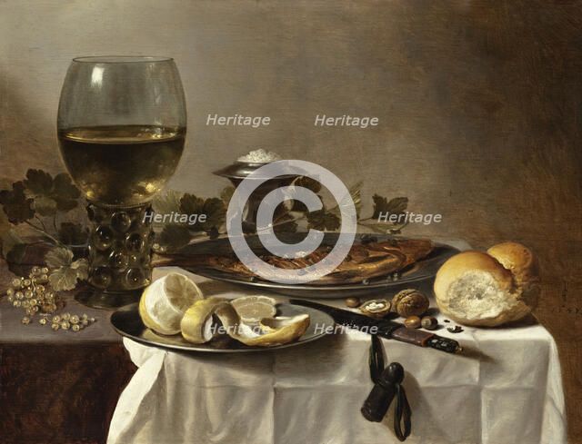 Still Life with Herring, Wine and Bread (image 1 of 2), 1647. Creator: Pieter Claesz.