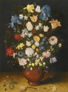 Still life with irises, tulips, roses, and narcissus in a ceramic vase, c.1600-1605