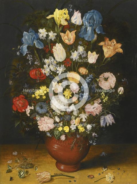 Still life with irises, tulips, roses, and narcissus in a ceramic vase, c.1600-1605.