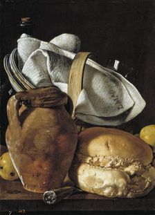 Still life with jug, bread and basket with tableware, last quarter of the 18th century. Creator: Luis Meléndez