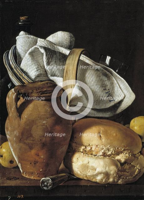 Still life with jug, bread and basket with tableware, last quarter of the 18th century. Creator: Luis Meléndez.