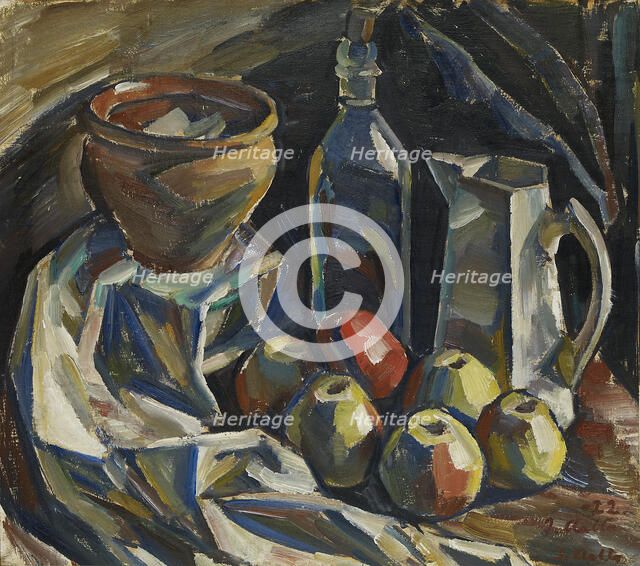 Still Life with Jug, Pot, Bottle and Apples, 1922. Creator: Ilmari Aalto.