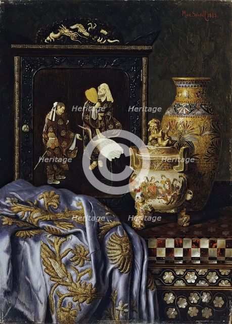 Still life with Japanese art objects, 1888. Creator: Max Schodl.