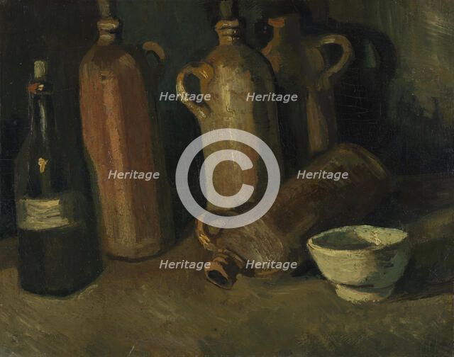 Still Life with Jars (Still life with four jugs, bottles and white bowl), 1885. Creator: Gogh, Vincent, van (1853-1890).