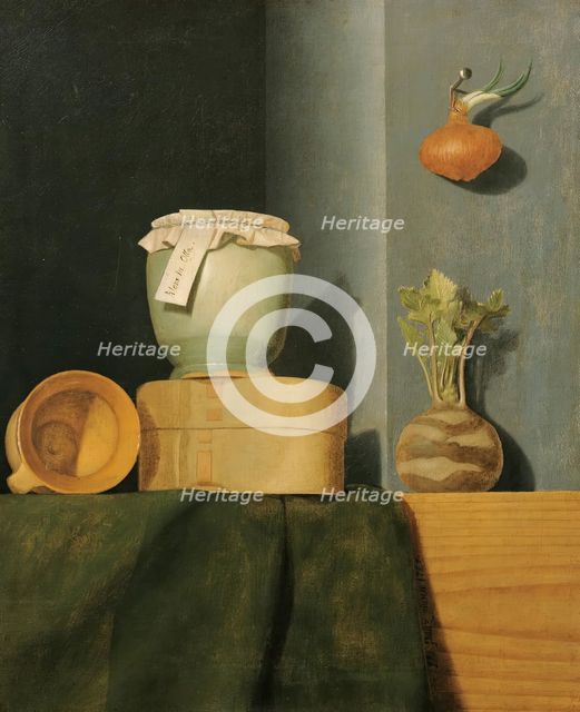 Still life with kitchenware, onions and kohlrabi, 1754. Creator: Anna Maria Punz.