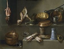 Still life with kitchenware and asparagus, 1652. Creator: Ignacio Arias