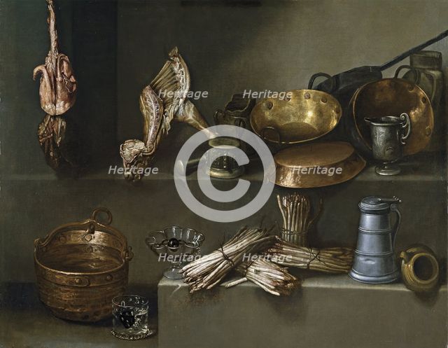 Still life with kitchenware and asparagus, 1652. Creator: Ignacio Arias.
