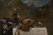 Still life with laid table in a landscape, 1634. Creator: Willem Claesz. Heda