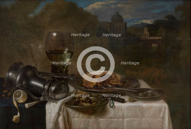 Still life with laid table in a landscape, 1634. Creator: Willem Claesz. Heda.