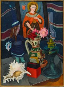 Still life with lamp, shell, doll and reverse glass painting, 1925. Creator: Wacker, Rudolf (1893-1939)