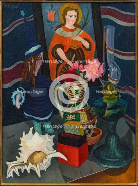 Still life with lamp, shell, doll and reverse glass painting, 1925. Creator: Wacker, Rudolf (1893-1939).