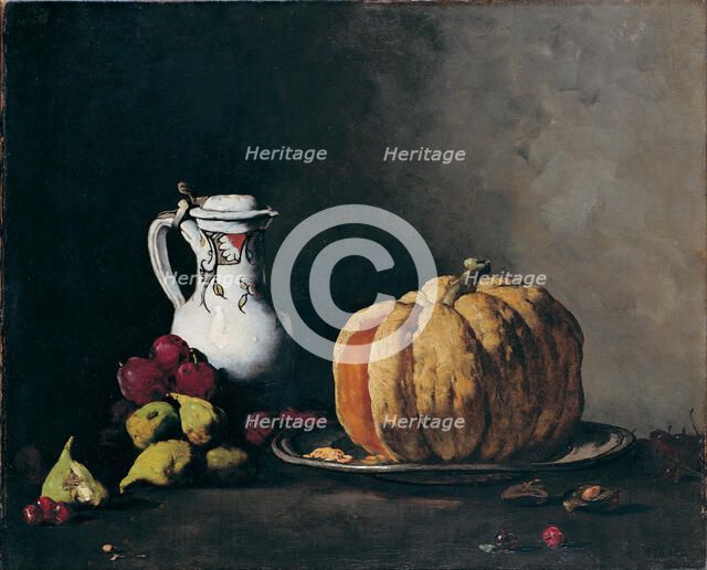 Still Life with Pumpkin, Plums, Cherries, Figs and Jug, ca 1860. Artist: Ribot, Théodule Augustin (1823-1891)