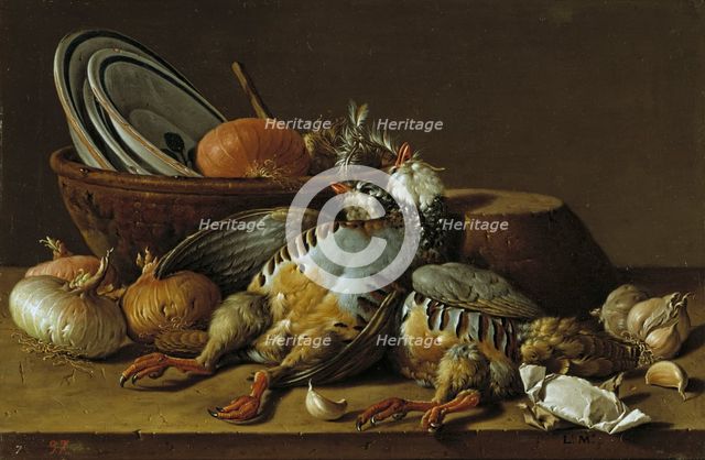 Still Life with Partridges, Onions, Garlic and Vessels, last third of the 18th century. Creator: Luis Meléndez.
