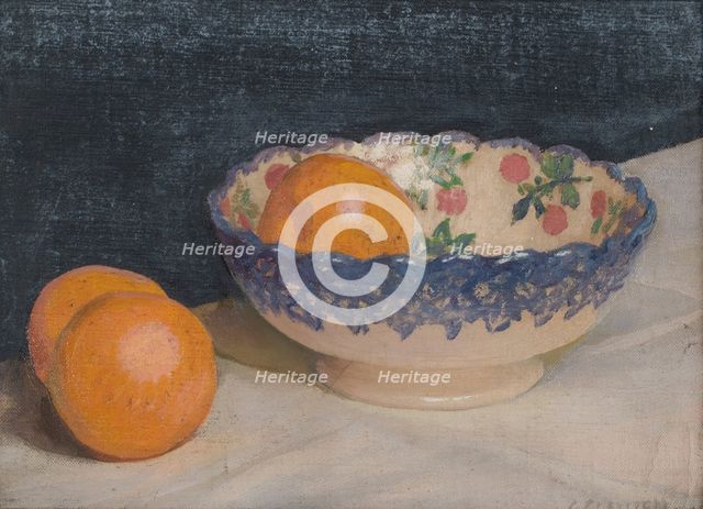 Still life with patterned bowl and oranges, probably 1920s/30s. Creator: George Clausen.