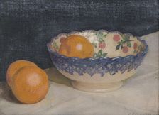Still life with patterned bowl and oranges, probably 1920s/30s. Creator: George Clausen