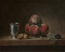 Still Life with Peaches, a Silver Goblet, Grapes, and Walnuts, about 1759-1760. Creator: Jean-Simeon Chardin