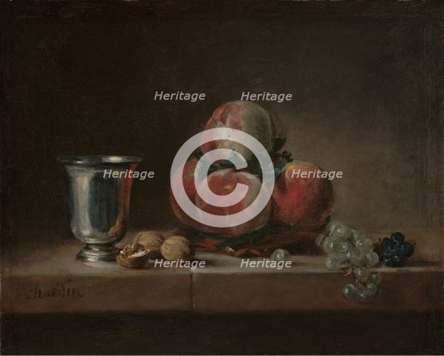 Still Life with Peaches, a Silver Goblet, Grapes, and Walnuts, about 1759-1760. Creator: Jean-Simeon Chardin.