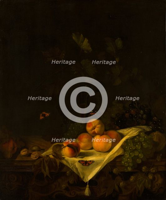 Still Life with Peaches and Grapes, 1680. Creator: Abraham Pietersz van Kalraet.