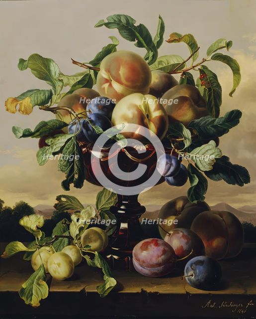 Still life with peaches and plums in a red glass bowl, 1848. Creator: Anton Hartinger.