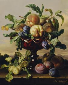 Still life with peaches and plums in a red glass bowl, 1848. Creator: Anton Hartinger