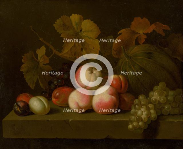 Still Life with Peaches, Grapes, Plums, and Melon, around 1710. Creator: Jakub Bogdan.